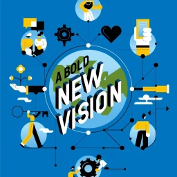 Bold graphic illustration featuring a globe with typography reading A BOLD NEW VISION surrounded by connected circular icons against a blue background