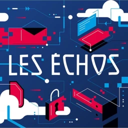 Digital illustration by Blindsalida featuring Les Echos text with red and blue tech icons against a dark blue background.