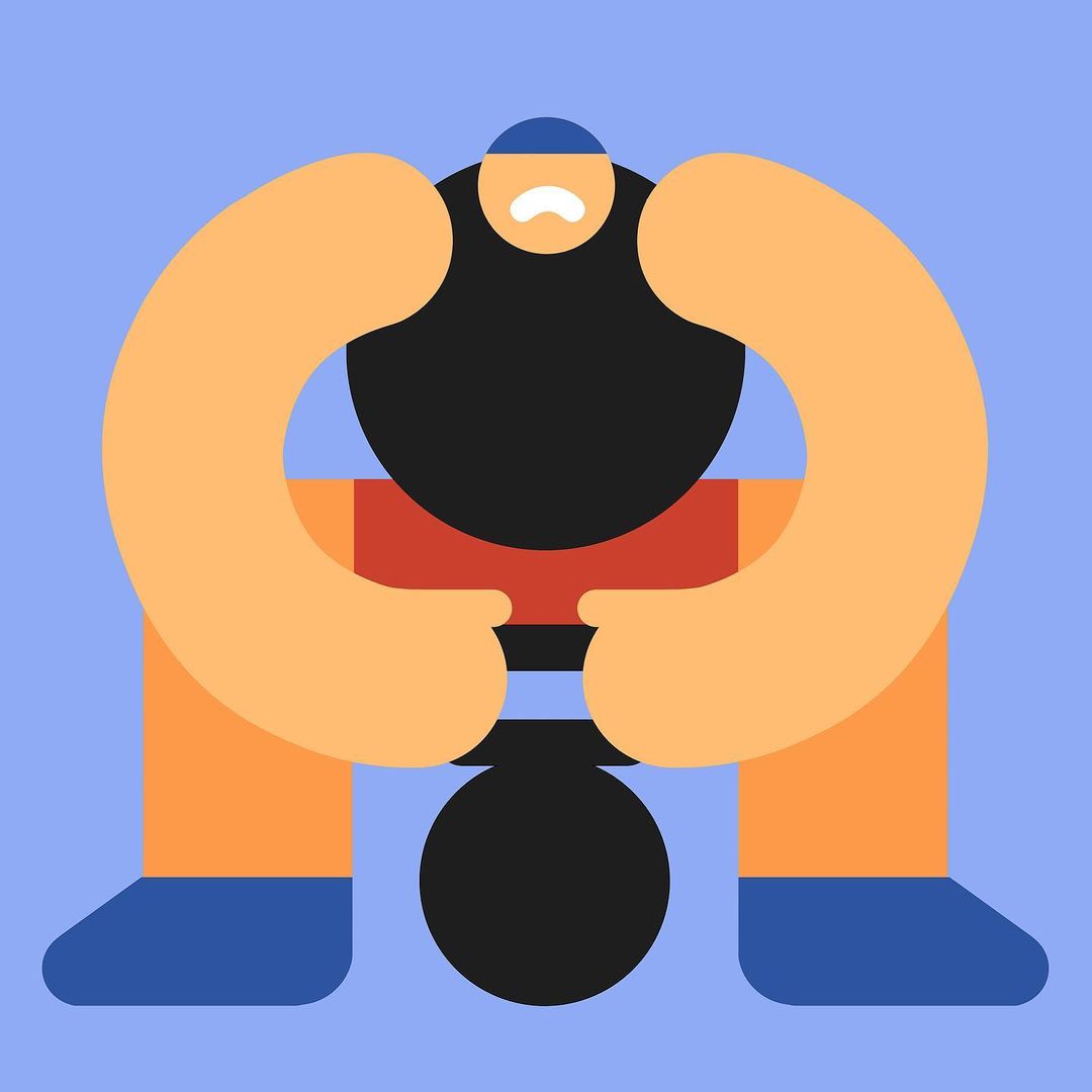 Illustration of a weightlifter squatting with a barbell, wearing a blue hat and shoes, with orange skin against a light blue background.