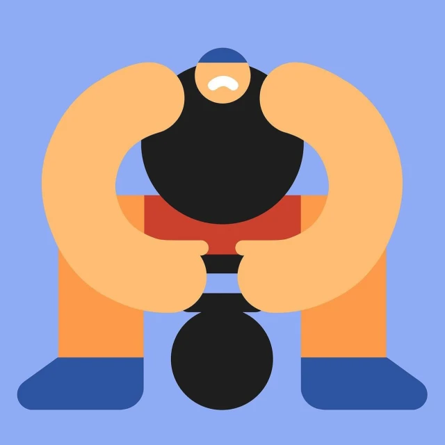 Illustration of a weightlifter squatting with a barbell, wearing a blue hat and shoes, with orange skin against a light blue background.