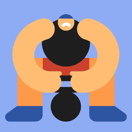 Illustration of a weightlifter squatting with a barbell, wearing a blue hat and shoes, with orange skin against a light blue background.