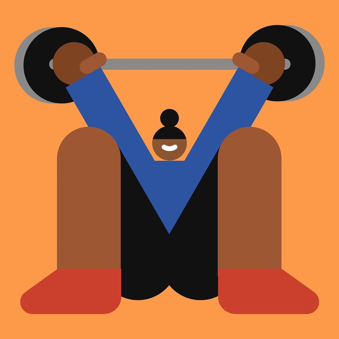 Illustration of person weightlifting barbell with geometric shapes in orange background; fitness concept with bold, minimalist design.