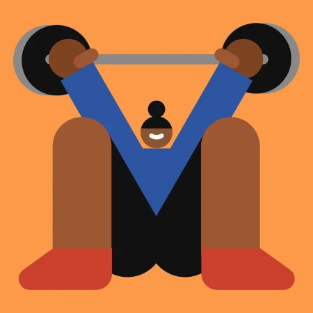 Illustration of person weightlifting barbell with geometric shapes in orange background; fitness concept with bold, minimalist design.