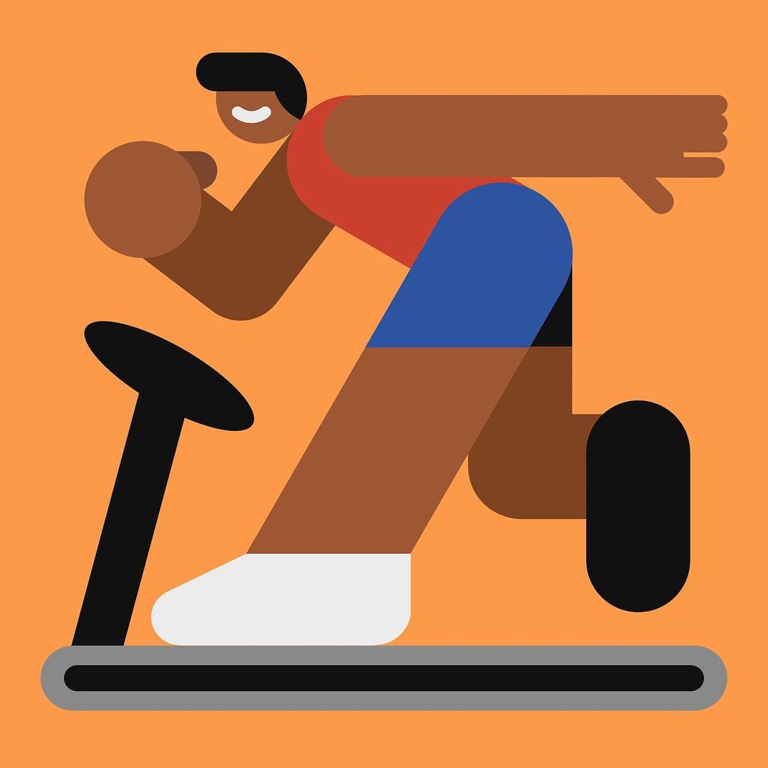 Illustration of a dark-skinned man running on a treadmill. The minimalist graphic design features geometric shapes and bold colors.