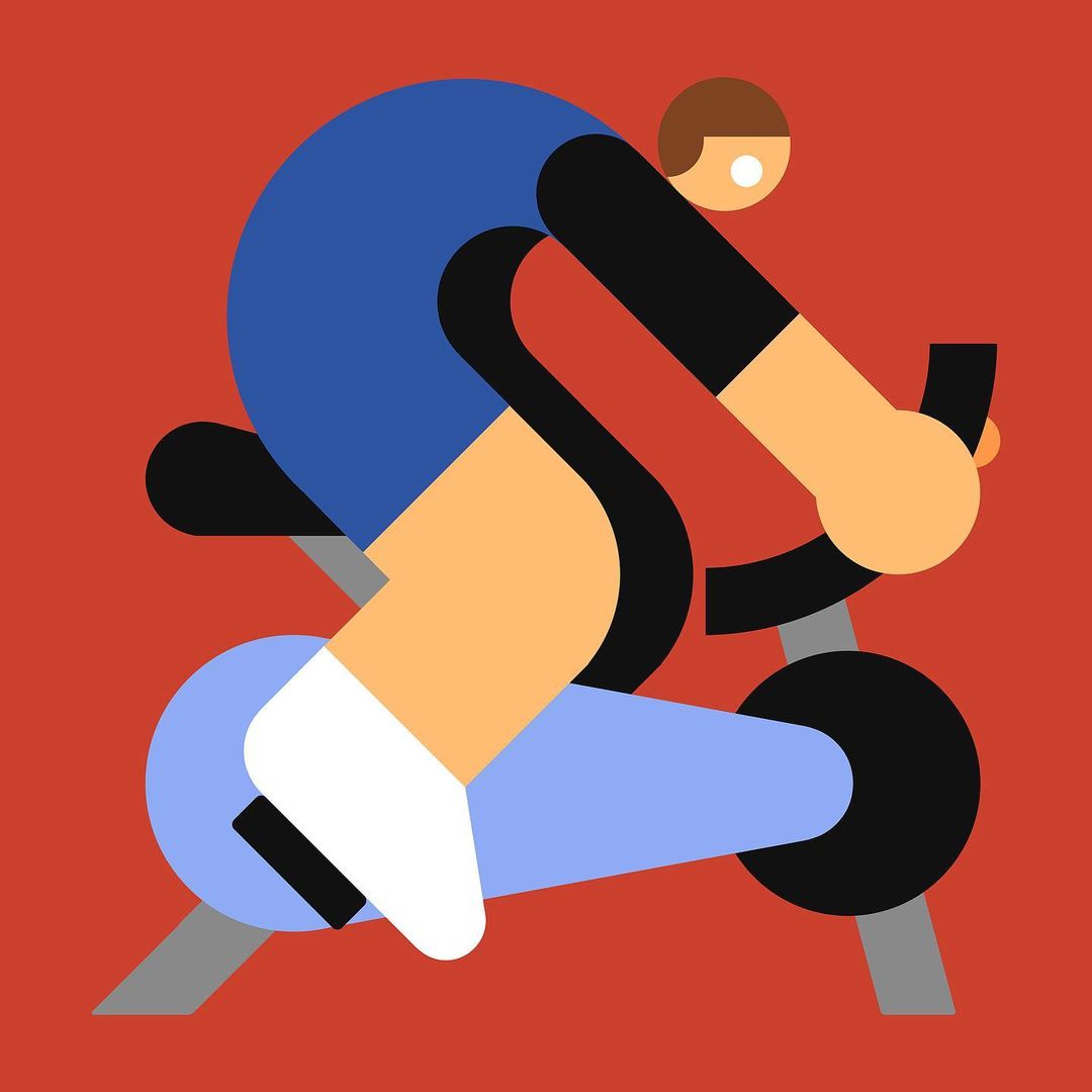 Illustration of a person riding a stationary exercise bike against a red background, featuring geometric shapes and bold colors.