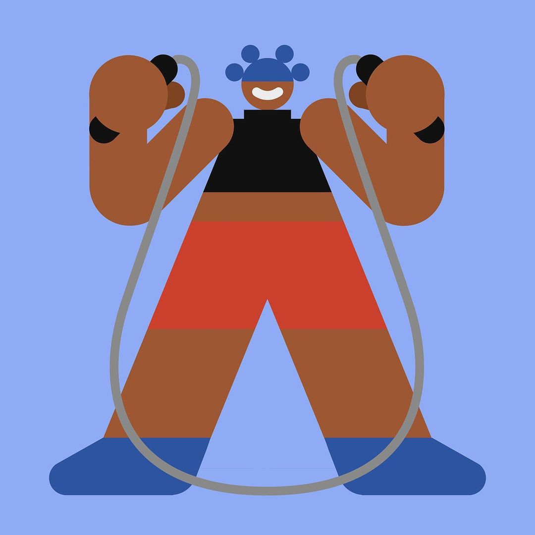 Illustration of a stylized, geometric human figure with dark skin using a jump rope on a light purple background in a square composition.