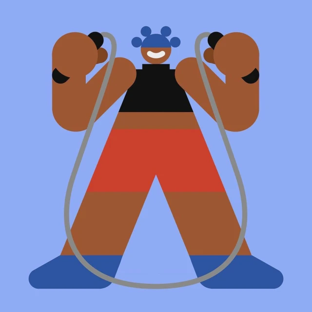 Illustration of a stylized, geometric human figure with dark skin using a jump rope on a light purple background in a square composition.