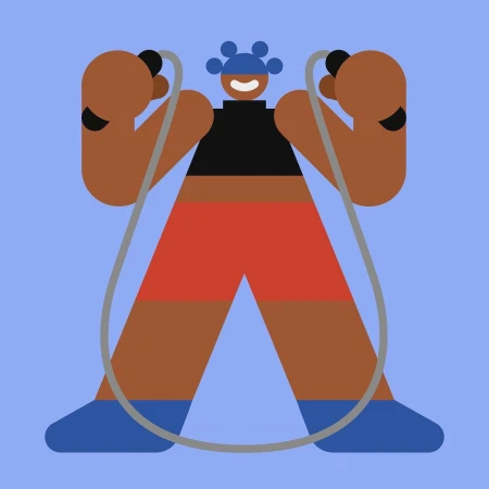 Illustration of a stylized, geometric human figure with dark skin using a jump rope on a light purple background in a square composition.