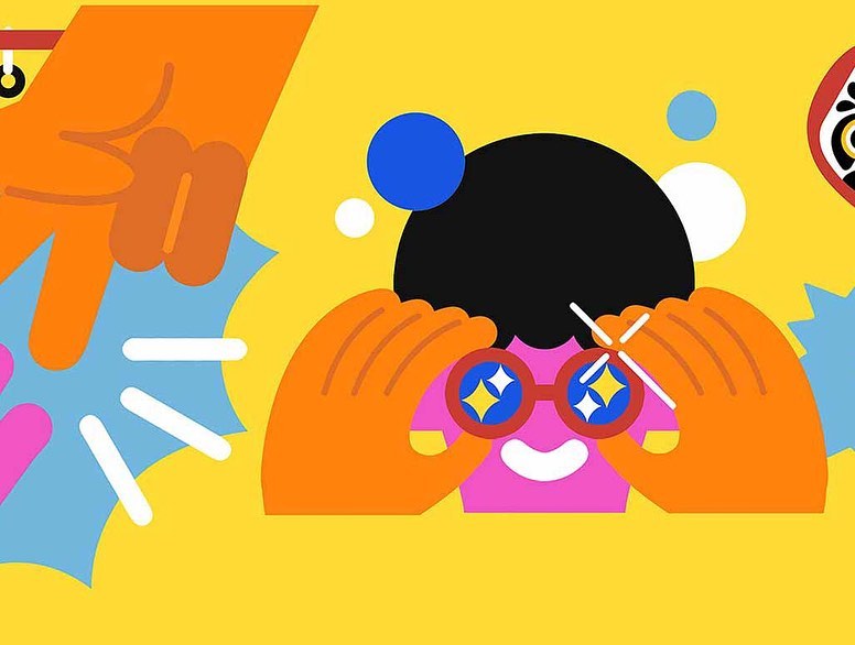 Colorful illustration of a person looking through glasses with stars, accompanied by geometric shapes on a yellow background.
