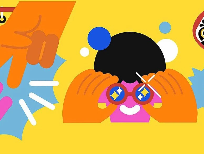Colorful illustration of a person looking through glasses with stars, accompanied by geometric shapes on a yellow background.