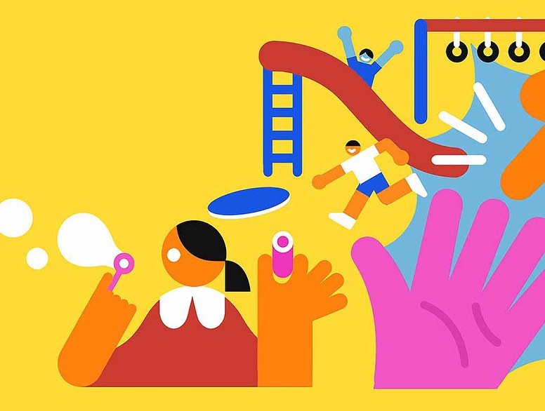 Playground illustration with cartoon children on slide and swings, bubbles, and hands, set against a bright yellow background.