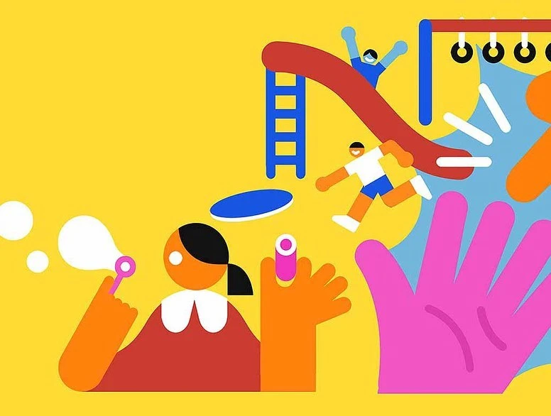Playground illustration with cartoon children on slide and swings, bubbles, and hands, set against a bright yellow background.