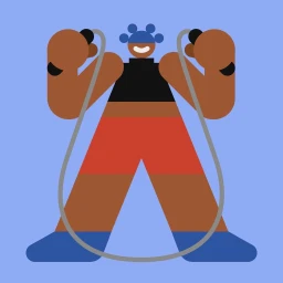 Digital illustration of a geometric character with blue hair holding a jump rope against a blue background.