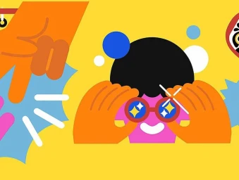 Digital illustration by Blok Magnaye featuring a character holding round glasses against a vibrant yellow background