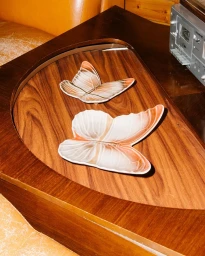Two ceramic butterfly dishes resting on a polished wooden surface next to a vintage silver audio receiver