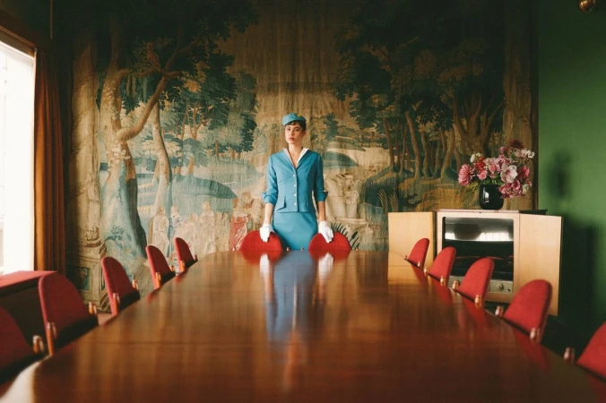 Elegant vintage-style shot of a woman in blue suit, hat, and gloves standing by a long conference table against a tapestry backdrop.