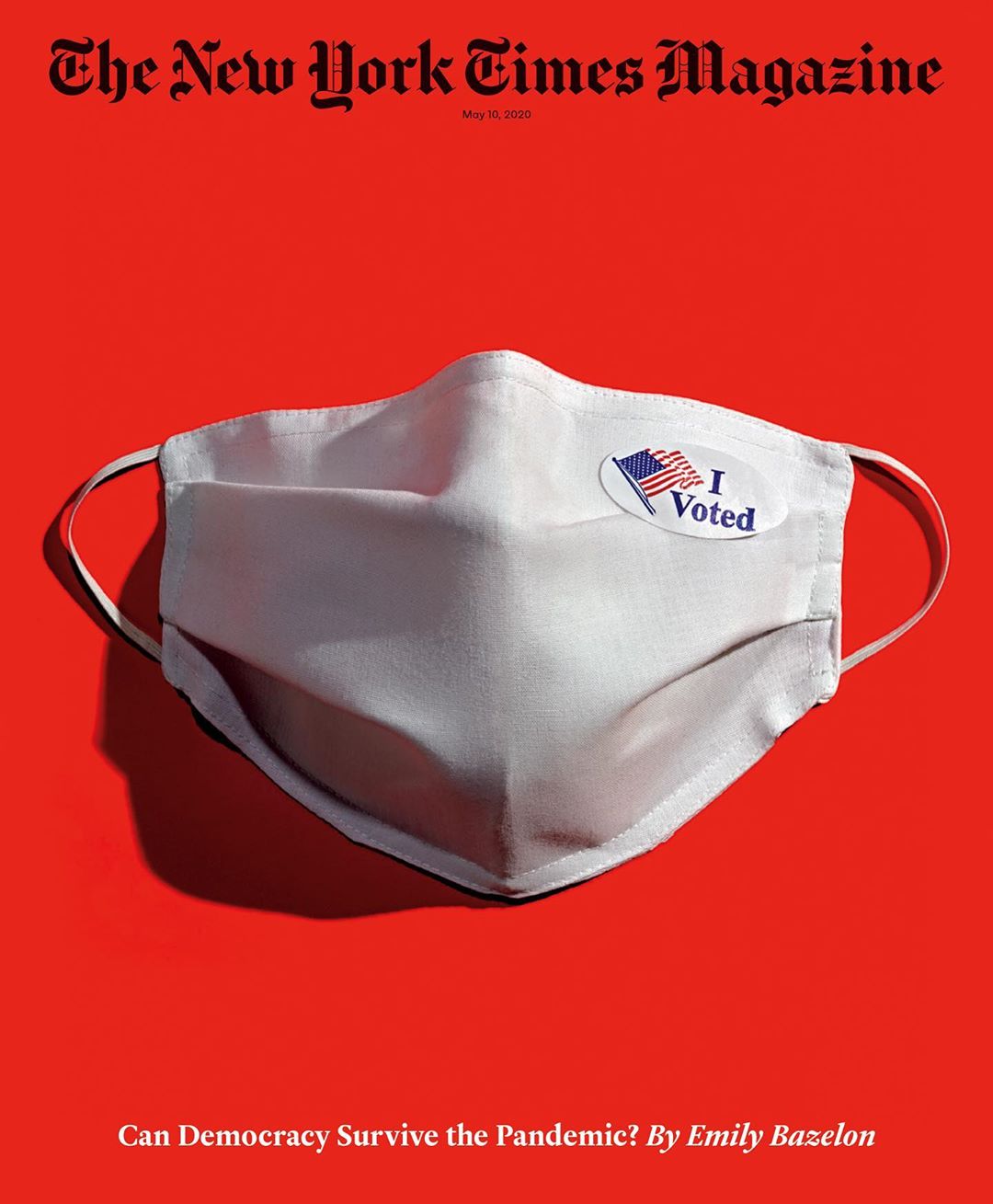 Magazine cover featuring a white face mask with an "I Voted" sticker against a solid red background, alongside the magazine's title.