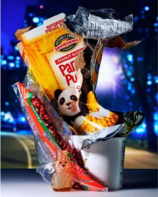 Still life featuring a collage of empty food packaging and containers, set against a backdrop of blurred city lights at night.