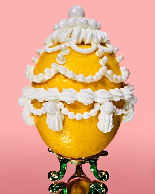 Ornate yellow lemon decorated with white icing and beads on a gold and green stand against a pink background in a close-up shot.