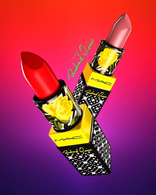 Two MAC lipsticks, one red and one nude, stand against a vibrant gradient background of red, orange, pink, and purple hues.