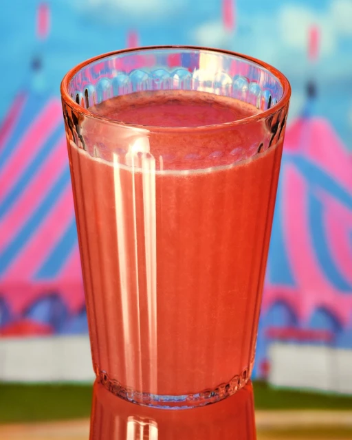 A glass filled with a pink liquid is positioned in front of a circus tent with a light blue sky as a backdrop.