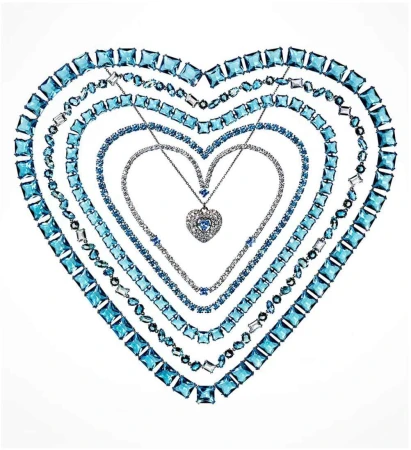 Necklaces with blue and white gemstones arranged in a heart shape against a white background, creating a visually appealing composition.