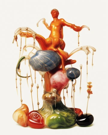 Surreal sculpture with an orange human figure riding on a structure made of colorful orbs and bone-like tendrils against a white backdrop.