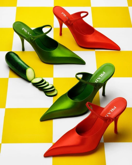 Still life of two pairs of women's heeled shoes, one green and one red, placed among zucchini on a yellow and white checkered surface.