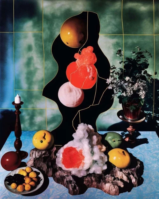 Surreal still life features fruit and mineral specimens arranged with a candle against a green tile background. Table with patterned cloth.