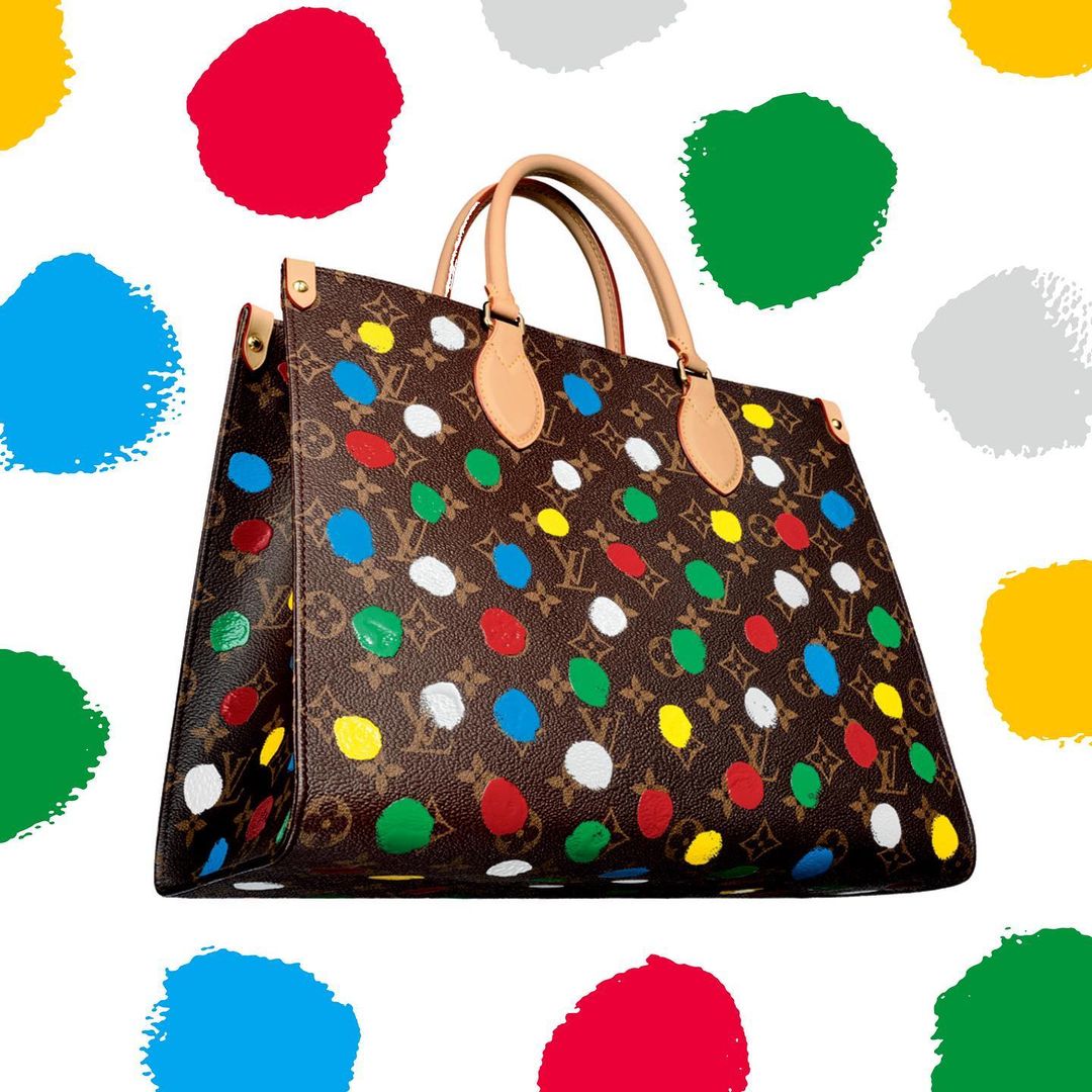 Louis Vuitton handbag with colorful polka dot pattern on a white background, product shot, designer fashion accessory, luxury item.
