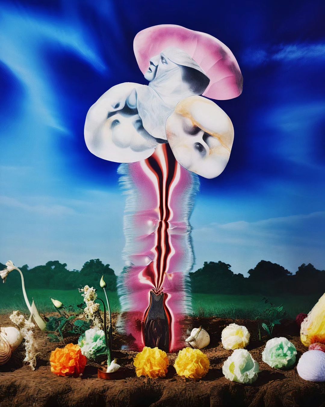 Surreal still life: vase emits light, topped with abstract forms, set against blue sky and green field with flowers and organic material.