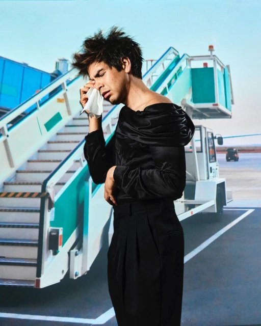 A stylish adult stands with a tissue at an airport, posing near an airstair, wearing a black satin top and matching high-waisted pleated pants.