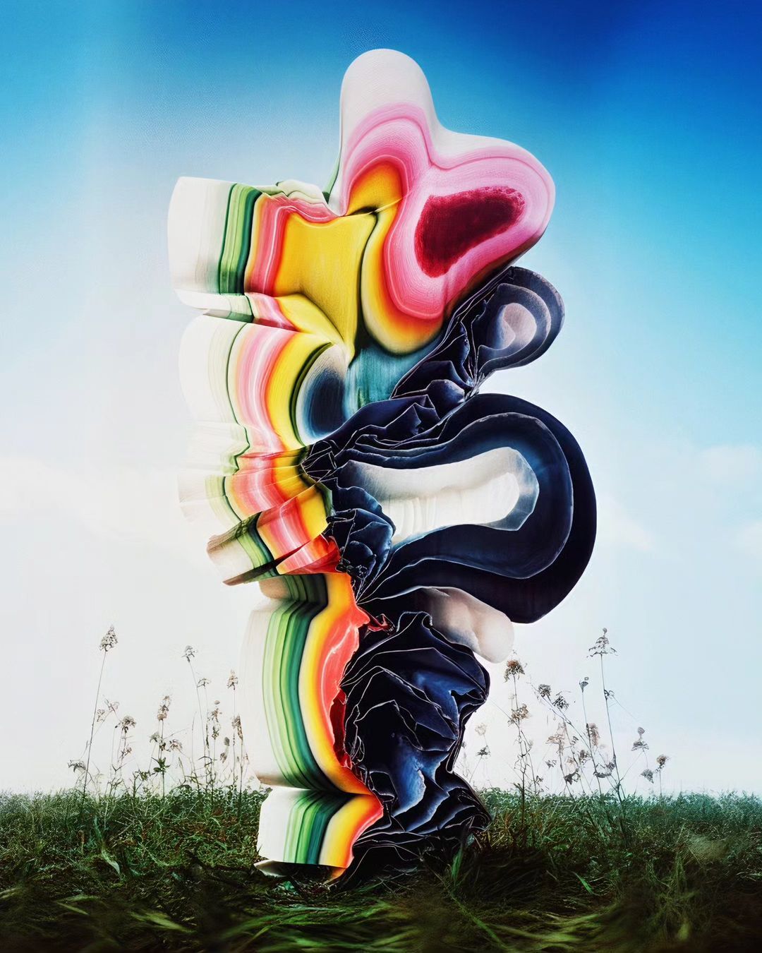 Abstract sculptural form with colorful striped layers in an outdoor setting against a grassy field and light blue sky.