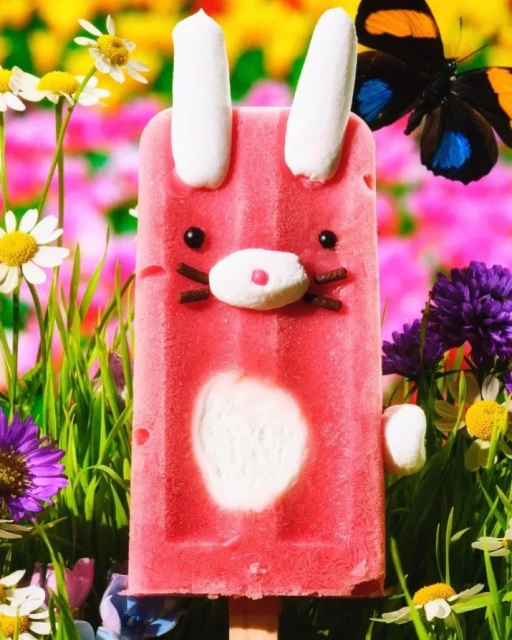 Pink bunny-shaped popsicle on a stick, set against a backdrop of colorful flowers and greenery, evoking a playful and summery vibe.