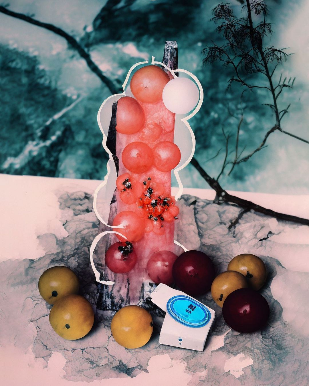 Abstract studio shot of fruits and a small white package against a backdrop resembling a forest scene with muted colors and soft lighting.