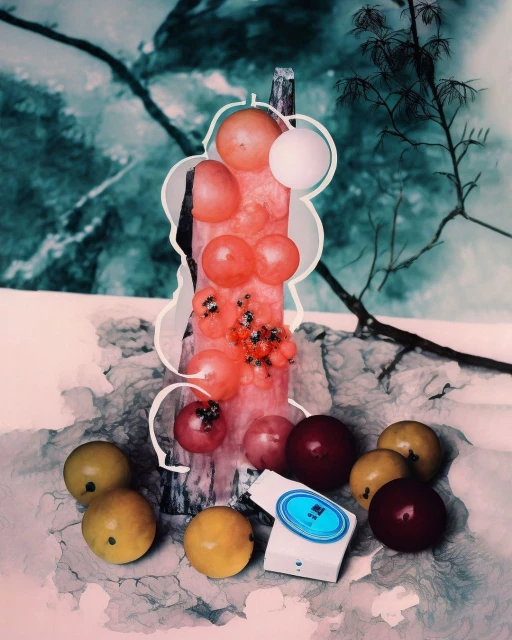 Abstract studio shot of fruits and a small white package against a backdrop resembling a forest scene with muted colors and soft lighting.