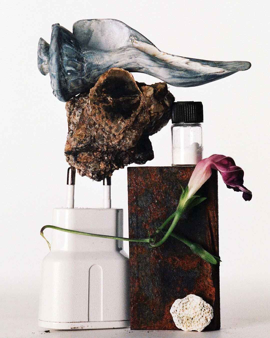 Still life of assorted objects including a rock, carved piece, plastic charger, bottle, flower, and a wooden block.