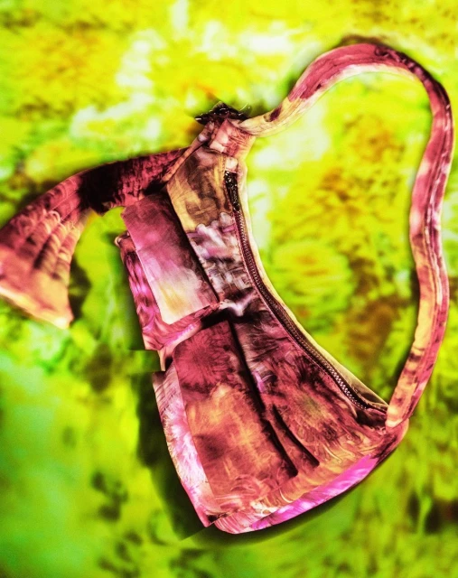 Abstract fashion shot: Close-up of a pink and cream tie-dye baguette bag with a zipper against a textured green and yellow background.