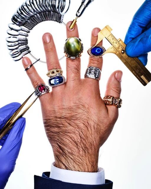 Close-up of an adult male's hand adorned with multiple jeweled rings, showcasing different gemstone colors and precious metal settings.