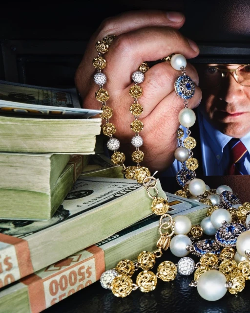 Man's hand displays gold and pearl necklace with stacks of cash, suggesting wealth, luxury, and financial themes in a dimly lit setting.