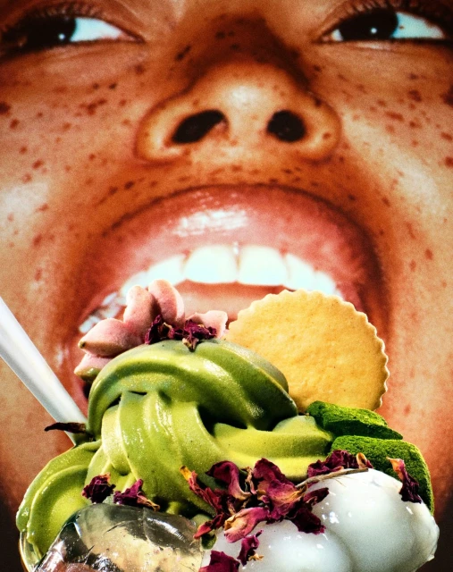 Close-up of matcha soft serve ice cream with toppings in front of person's face with mouth open, creating a surreal food portrait.