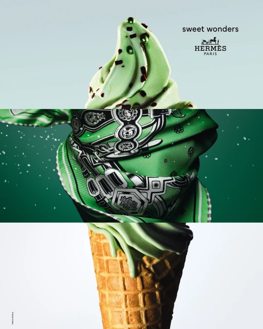 A stylized advertisement shows an ice cream cone, green scarf, and Hermès logo against a bright backdrop, promoting luxury fashion.