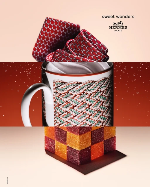 Hermes branded still life of folded scarf, mug, and cube of orange and red marmalade squares on a gradient pink background.
