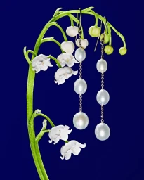 Pearl earrings hanging delicately from the stem of a blooming lily of the valley plant against a deep blue background.