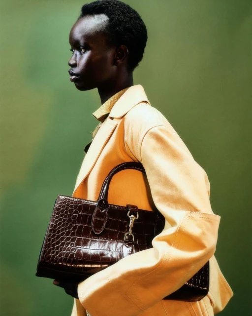 Profile of African woman carrying brown crocodile-pattern handbag wearing yellow blazer against green backdrop in studio lighting.