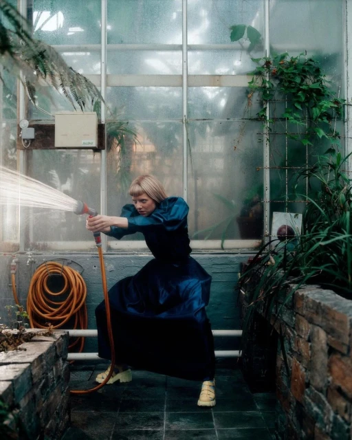 Woman in a blue dress stands in a greenhouse and sprays water from a hose towards the camera with greenery and glass walls around her.