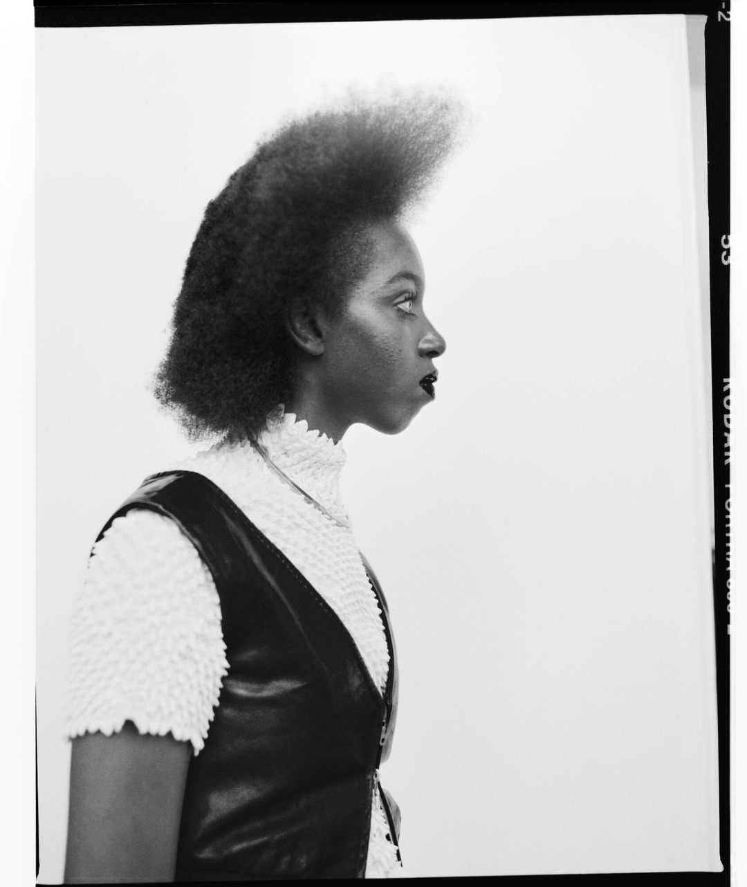A side-profile portrait of an African-American woman with a distinctive afro hairstyle, wearing a black vest against a white backdrop.