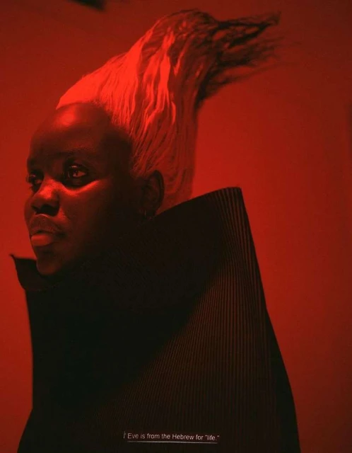 Portrait of an adult Black woman with platinum blonde, gravity-defying hair, wearing a structured black garment against a deep red backdrop.