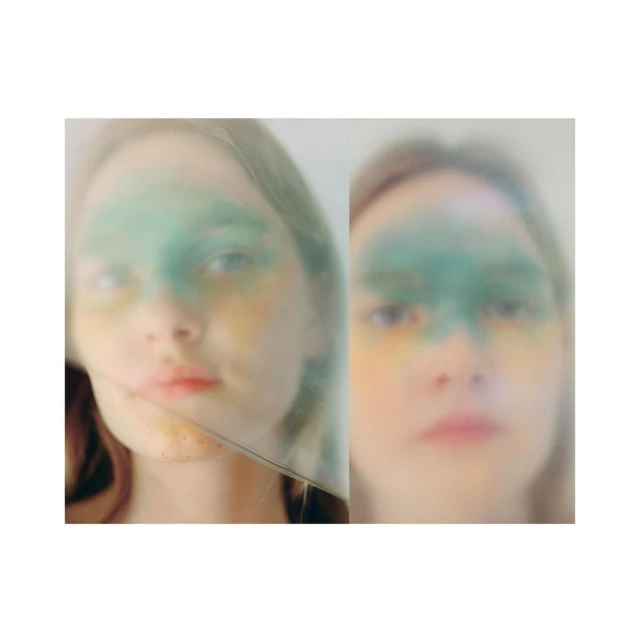 Artistic portrait of a fair-skinned young woman with green and yellow face paint, presented in a diptych against a white backdrop.