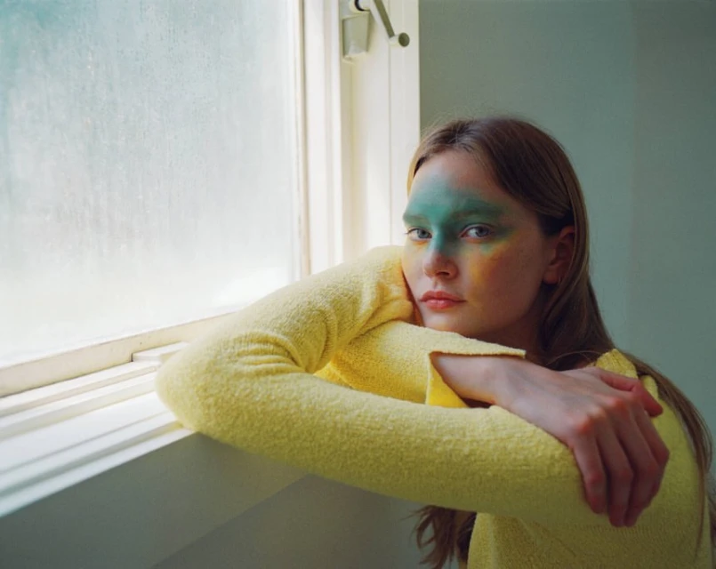 Young woman with creative face paint poses near a window in a serene indoor setting, highlighted by natural light and pastel colors.